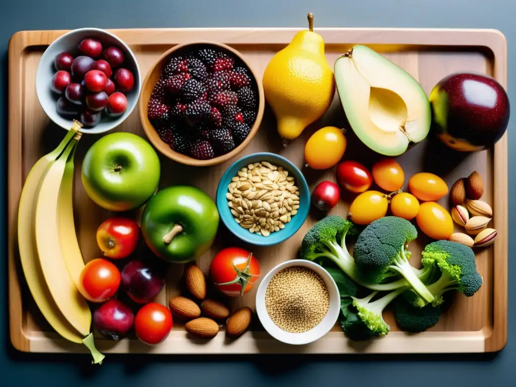 Exquisita variedad de alimentos saludables en tabla de cortar Una composición vibrante y apetitosa de frutas, verduras, frutos secos y granos sobre tabla de cortar