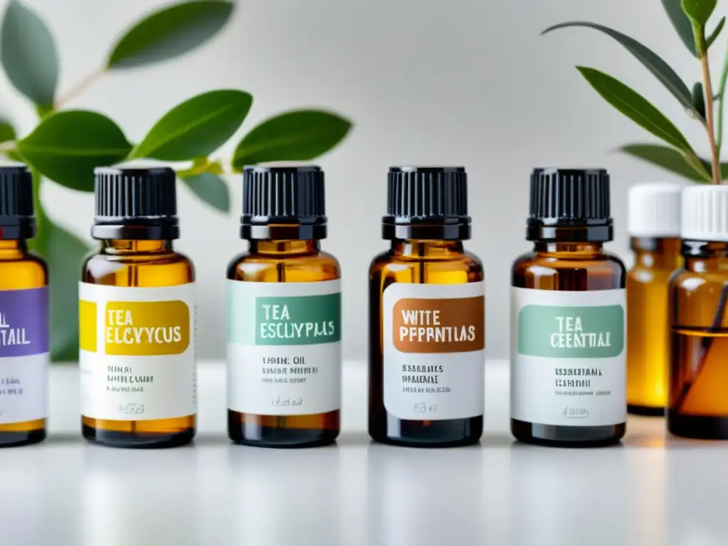 Esenciales: Detalles Vibrantes de Aceites Esenciales para Aromaterapia Una composición vibrante de botellas de aceites esenciales, con etiquetas nítidas y colores naturales
