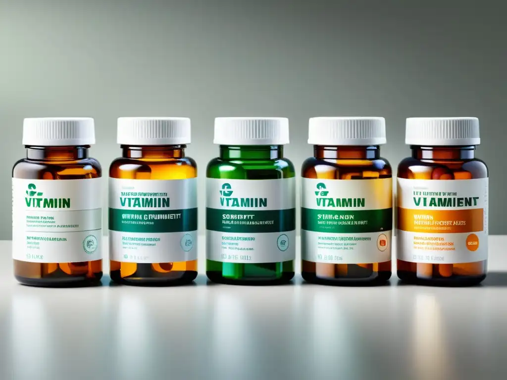 Una composición vibrante de botellas de vitaminas y suplementos, con diseño minimalista y colores llamativos
