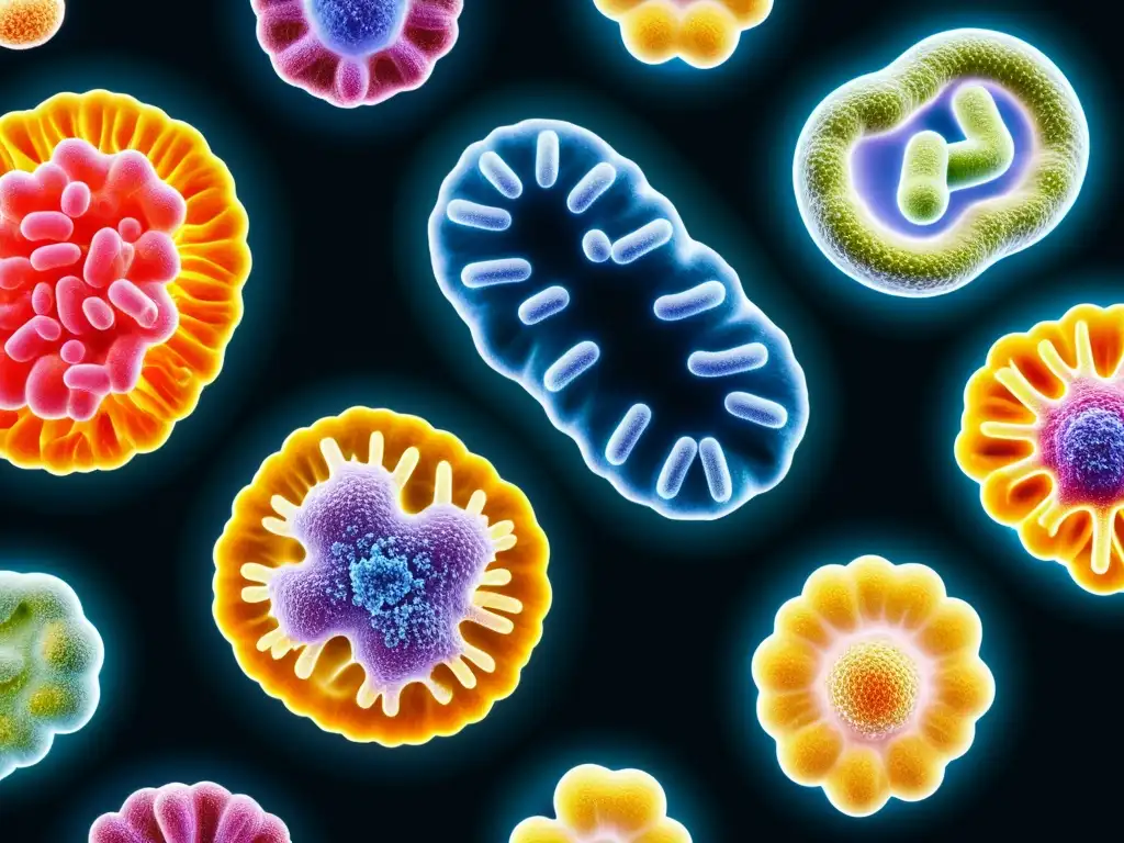Una composición vibrante y detallada de cepas probióticas, destacando su diversidad y complejidad