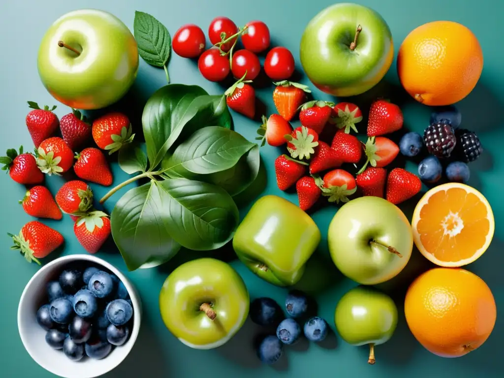 Frescura vibrante: Frutas y verduras detalladas Una composición vibrante y detallada de frutas y verduras frescas, destacando sus colores y texturas