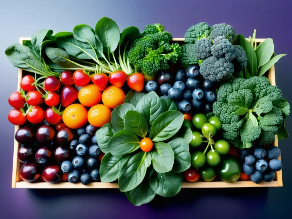 Exquisita exhibición de antioxidantes: frutas y verduras frescas Una composición vibrante y detallada de frutas y verduras antioxidantes, resaltando la importancia de antioxidantes en sistema inmunológico