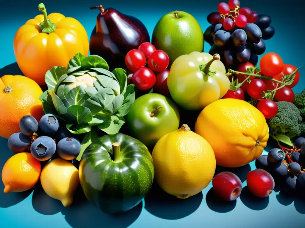 Arte natural: Frutas y verduras vibrantes en detallada composición Una composición vibrante y detallada de frutas y verduras coloridas que resaltan la nutrición para fortalecer el sistema inmunológico