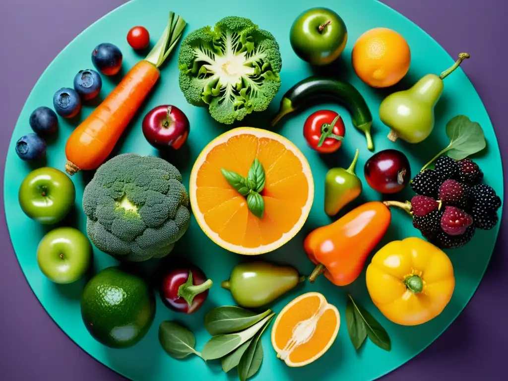 Alimentos Frescos y Coloridos: Dieta Alcalina para Equilibrio Óptimo Una composición vibrante y fresca de frutas y verduras, simbolizando la importancia del pH corporal en inmunidad