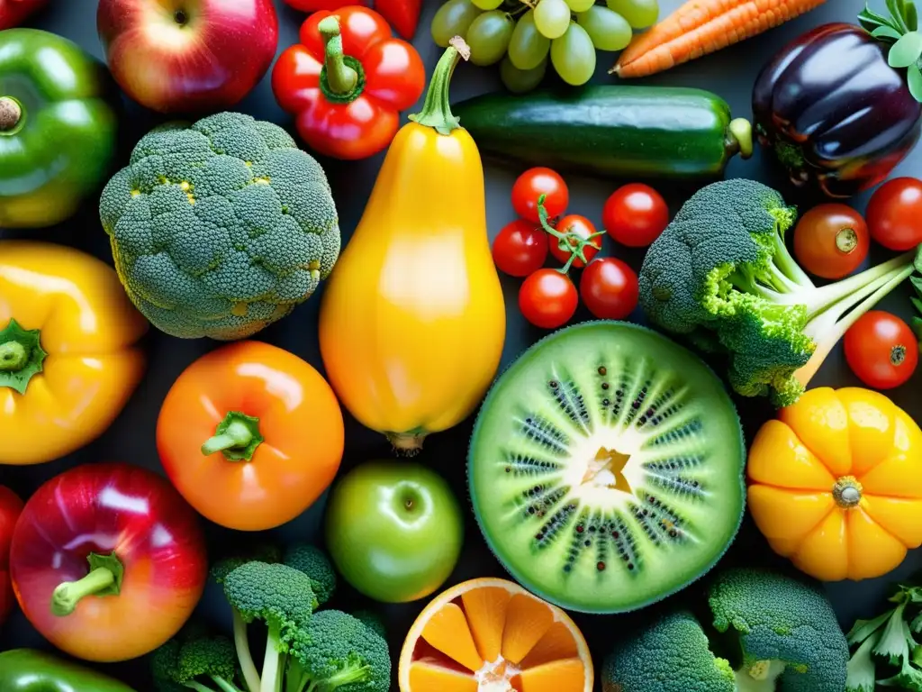 Exuberante variedad de frutas y verduras frescas Una composición vibrante y fresca de frutas y verduras, perfecta para asesoramiento nutricional para inmunidad