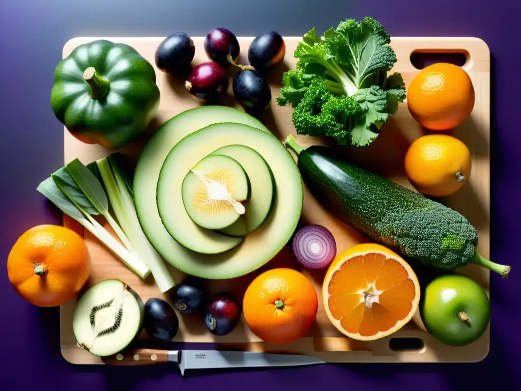 Exquisita frescura: frutas y vegetales cortados en detalle Una composición vibrante y fresca de frutas y verduras recién cortadas en una tabla de cortar moderna