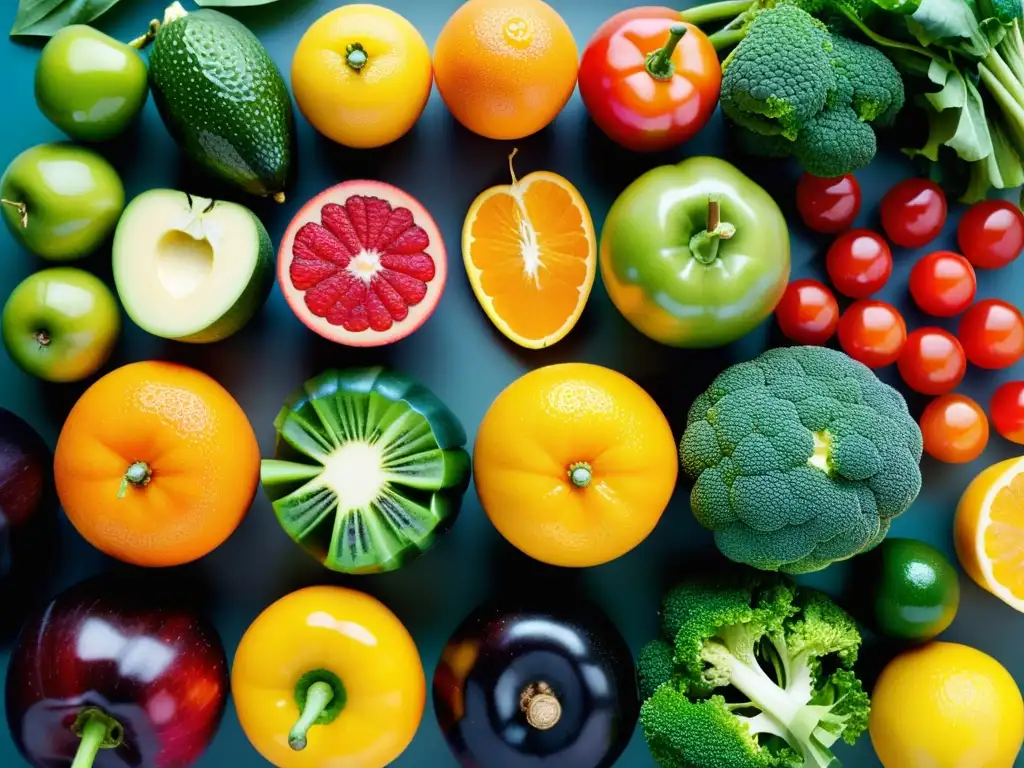 Una composición vibrante de frutas y verduras frescas, que resaltan su belleza natural