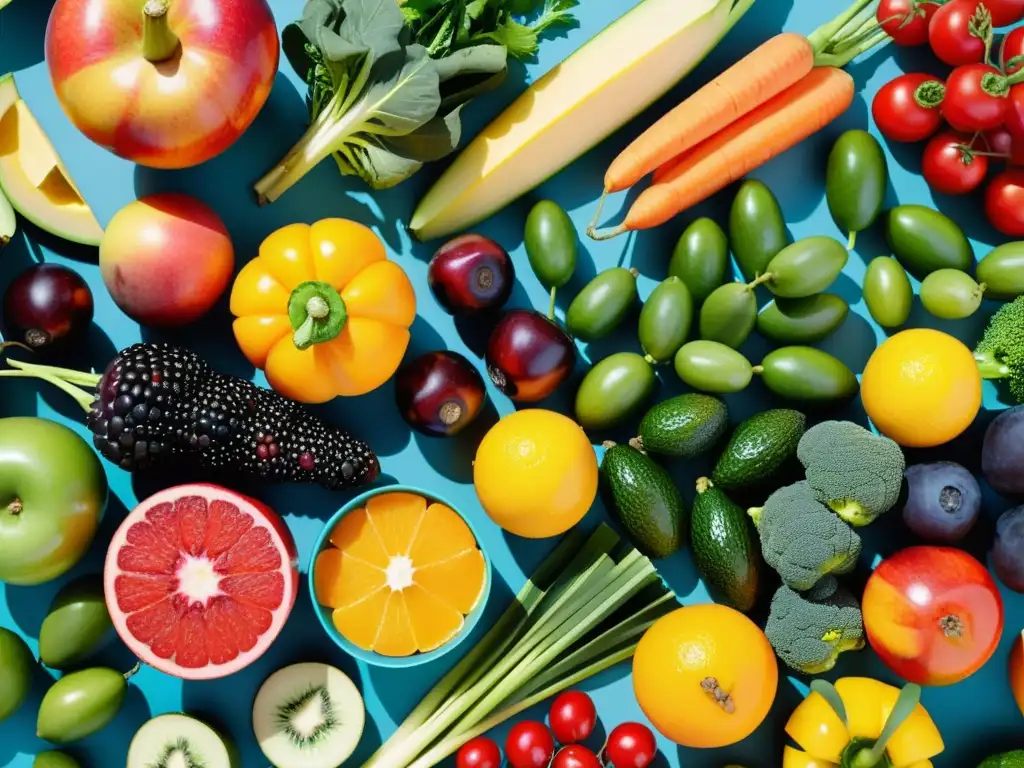Diversidad de Frutas y Verduras: Belleza Natural y Vitalidad Una composición vibrante de frutas y verduras exudando vitalidad y abundancia, ideal para nutrición para enfermedades autoinmunes