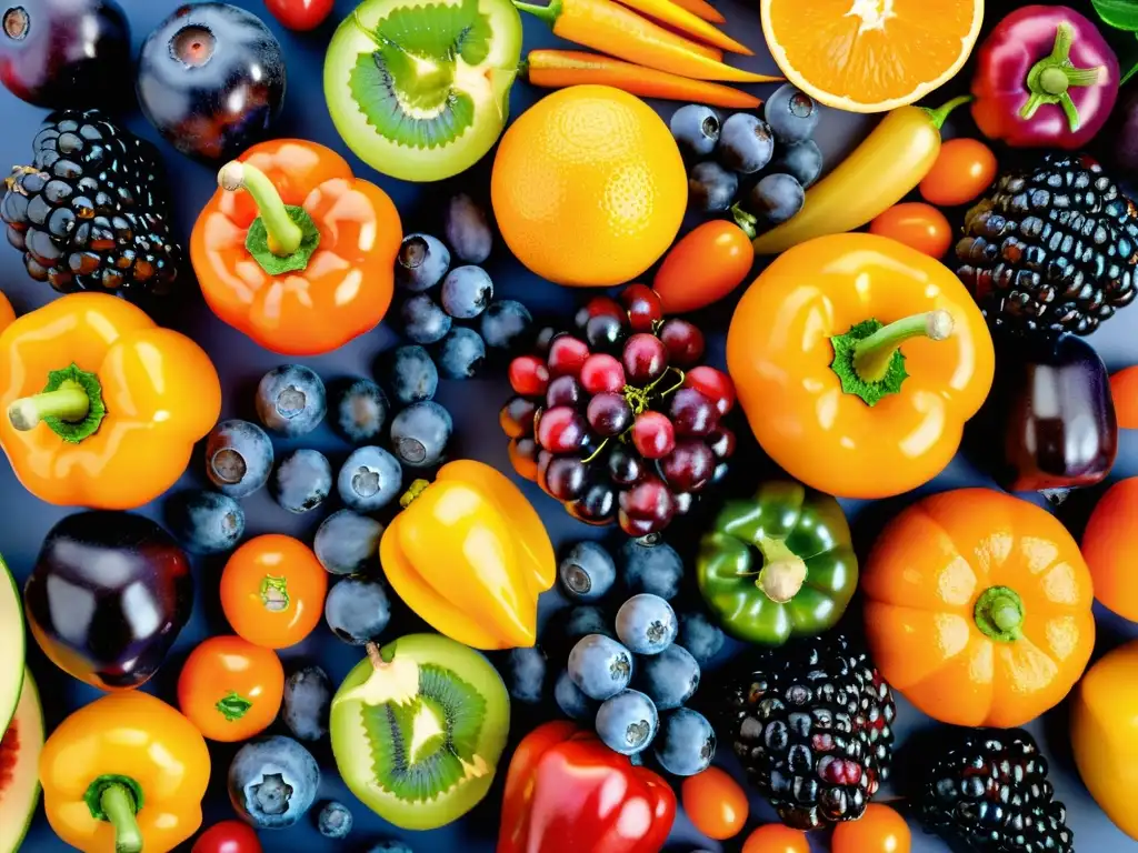 Patrón vibrante de frutas y verduras para una salud óptima Una composición vibrante de frutas y verduras variadas, estrategias nutricionales para fortalecer el sistema inmunológico