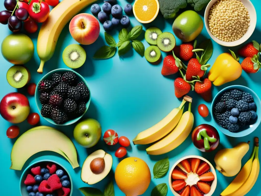 Patrón vibrante de alimentos saludables para niños Una composición vibrante de frutas, verduras y granos enteros que resalta la importancia del sistema inmunológico en niños