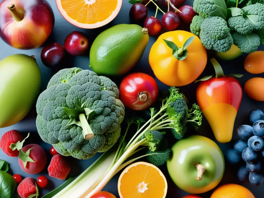 Variedad de frutas y verduras frescas en composición equilibrada Una composición vibrante de frutas y verduras frescas en equilibrio, clave para fortalecer el sistema inmunológico