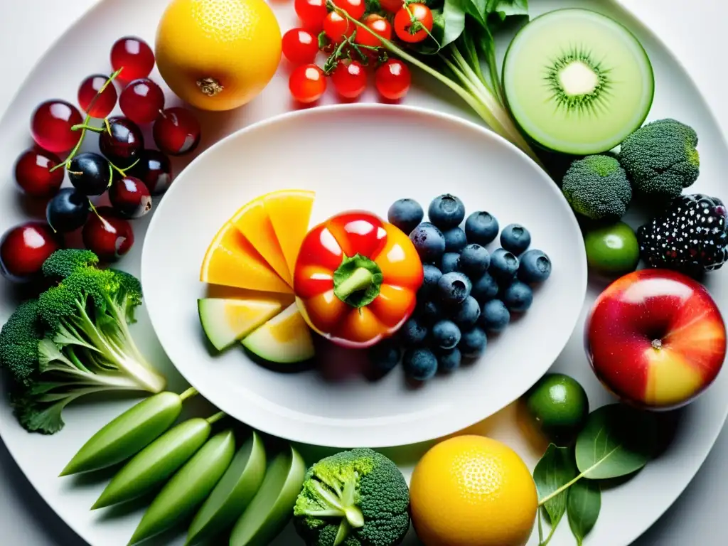 Exquisita variedad de frutas y verduras: un festín para la vista y la salud Una composición vibrante de frutas y verduras frescas en un plato blanco, simbolizando la importancia de una dieta diversa y nutritiva para fortalecer el sistema inmunológico