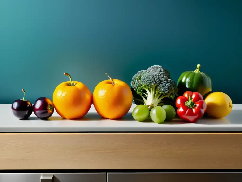 Frescura y color: Deslumbrante variedad de frutas y verduras en la cocina Una composición vibrante de frutas y verduras frescas en una cocina moderna