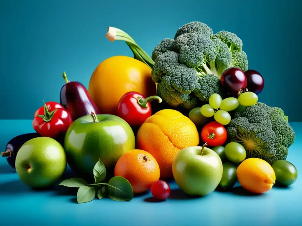 Arte saludable: variedad de frutas y verduras frescas Una composición vibrante de frutas y verduras frescas, cuidadosamente dispuestas en un fondo moderno
