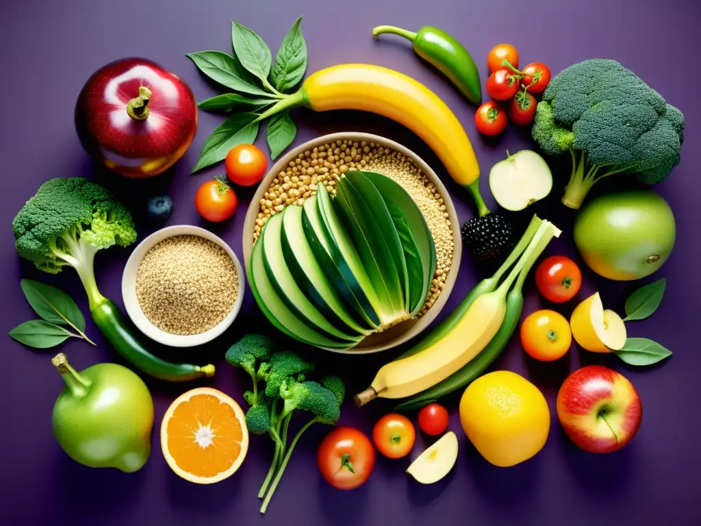 Vibrante composición de frutas, verduras y granos Una composición vibrante de frutas, verduras y granos enteros, exudando vitalidad