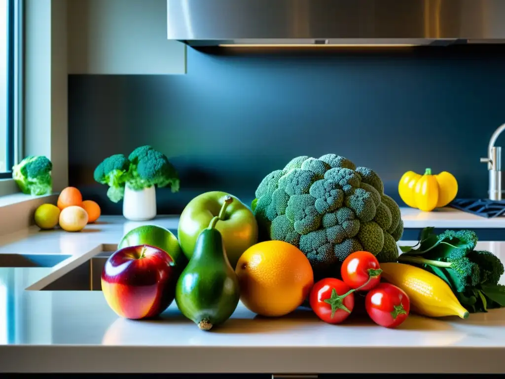 Exuberante exhibición de frutas y verduras frescas en una cocina moderna Una composición vibrante de frutas y verduras frescas en una cocina moderna