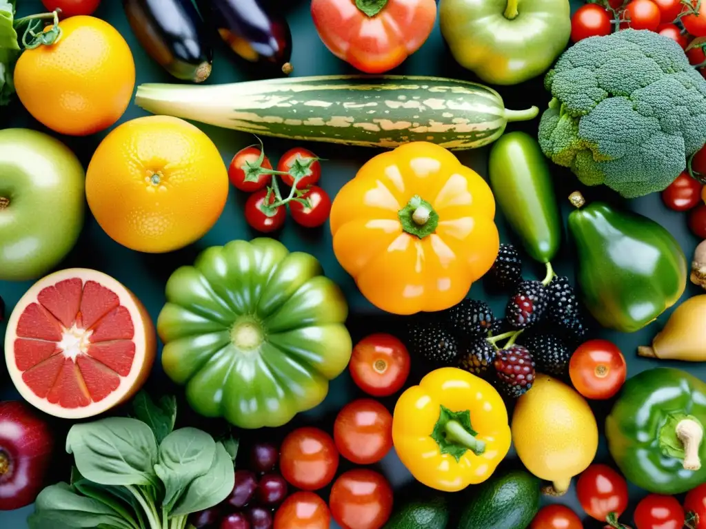 Patrón vibrante de frutas y verduras frescas para la salud Una composición vibrante de frutas y verduras frescas para fortalecer el sistema inmunológico después de los 60