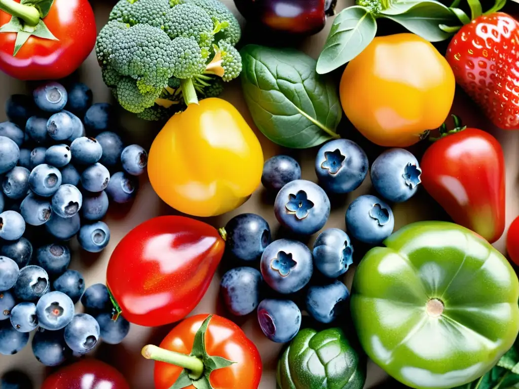 Vibrante variedad de frutas y verduras antioxidantes Una composición vibrante de frutas y verduras antioxidantes para sistema inmunológico, resaltando su belleza natural y valor nutricional