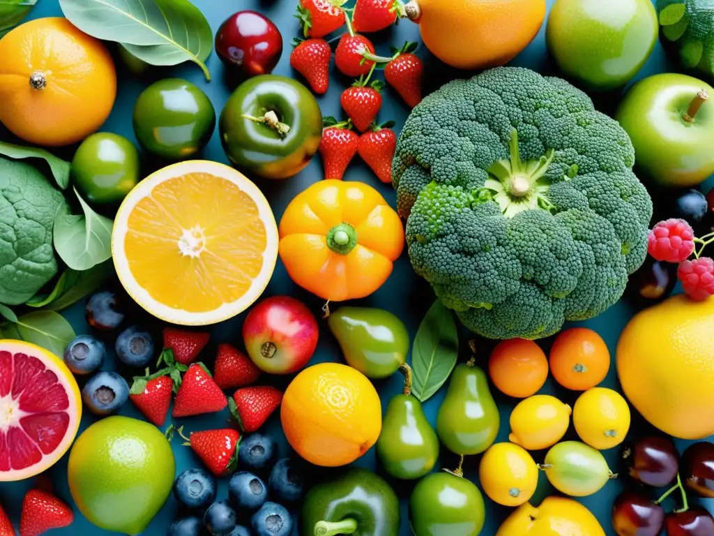 Exuberante variedad de frutas y verduras: vitalidad y color Una composición vibrante de frutas y verduras, vital para un sistema inmunológico invencible