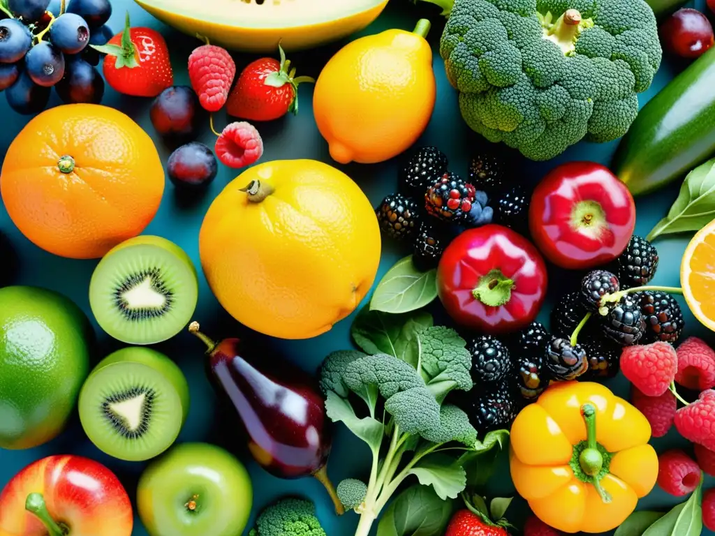 Vibrante diversidad de frutas y verduras para impulsar la inmunidad Una composición vibrante de frutas y verduras, resaltando la salud inmunológica de la mujer