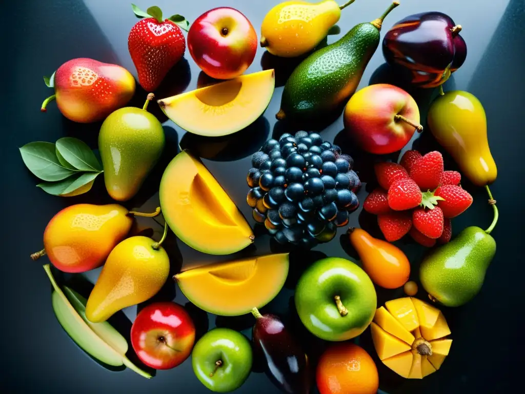 Arcoíris de Frutas y Verduras: Detalles Vibrantes Una composición vibrante de frutas y verduras frescas, reflejando vitalidad y salud para fortalecer el sistema inmunológico y combatir el estrés