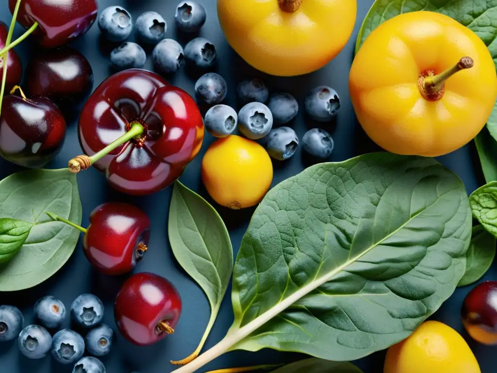 Exuberante variedad de frutas y verduras frescas Una composición vibrante de frutas y verduras resaltando sus beneficios fitoquímicos en una imagen fresca y saludable