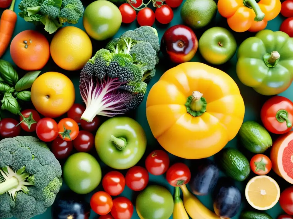 Patrón vibrante de frutas y verduras: vitalidad y bienestar Una composición vibrante de frutas y verduras frescas, promoviendo beneficios prebióticos para el sistema inmunológico