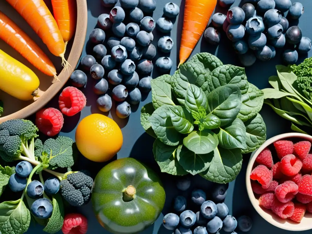Patrón vibrante de frutas y verduras: frescura y vitalidad Una composición vibrante de frutas y verduras resalta los beneficios de prebióticos en inmunidad y diabetes
