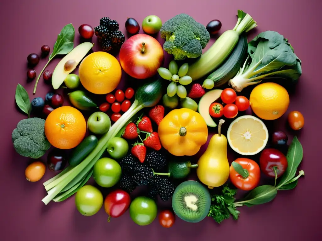 Patrón vibrante de frutas y verduras: vitalidad y frescura Una composición vibrante de frutas y verduras, destacando su frescura y vitalidad