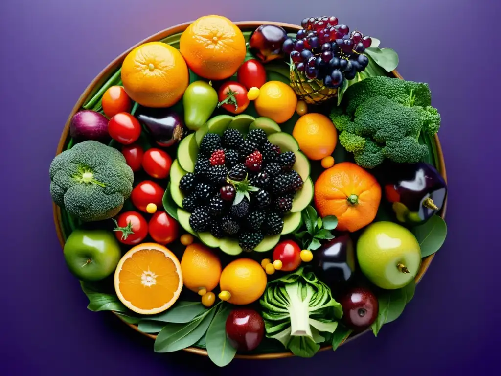 Arcoíris de Frutas y Verduras Frescas Una composición vibrante de frutas y verduras en un patrón circular, resaltando nutrientes clave sistema inmune