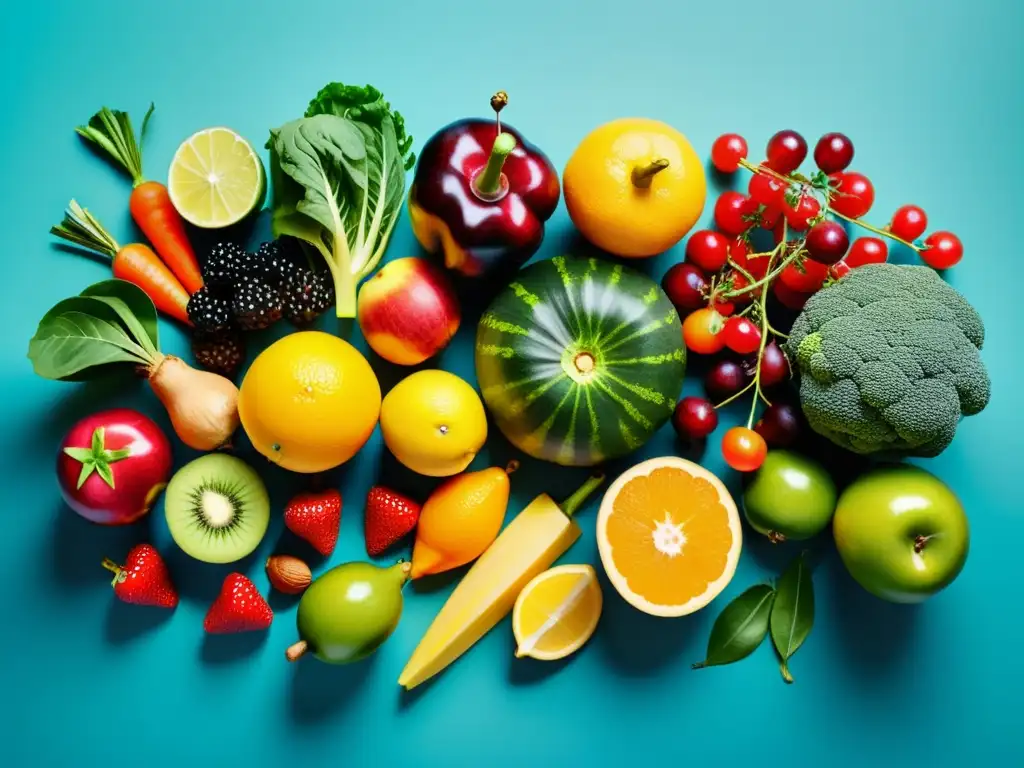 Inmunidad Nutritiva: Frutas y Verduras Vibrantes Una composición vibrante de frutas y verduras coloridas, destacando alimentos funcionales para fortalecer inmunidad