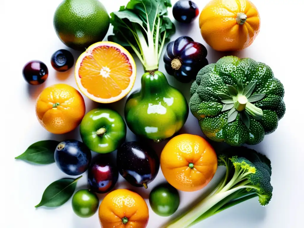 Una composición vibrante de frutas y verduras frescas, ideal para dieta para reforzar sistema inmunológico