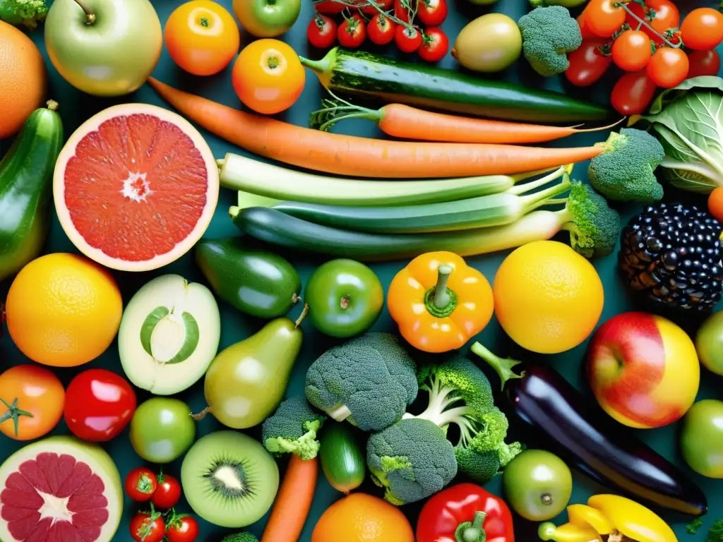 Arte Nutritivo: Abundancia de Frutas y Verduras Una composición vibrante de frutas y verduras frescas, promoviendo una guía nutricional para un sistema inmunitario invencible