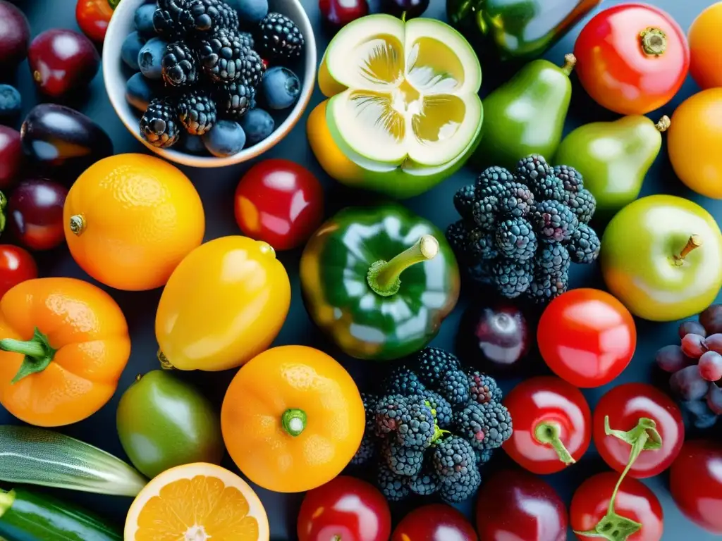 Vibrante exhibición de frutas y vegetales antioxidantes Una composición vibrante de frutas y verduras antioxidantes resalta la importancia de antioxidantes en sistema inmunológico
