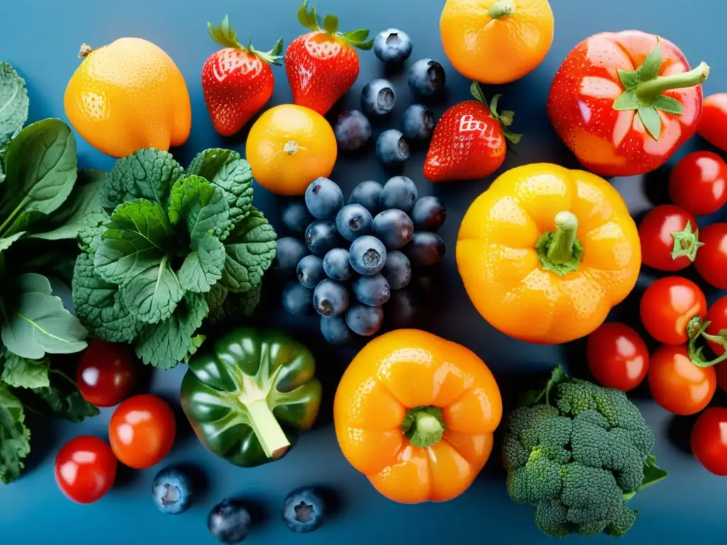 Una composición vibrante de frutas y verduras frescas, perfecta para planes nutricionales para fortalecer el sistema inmune