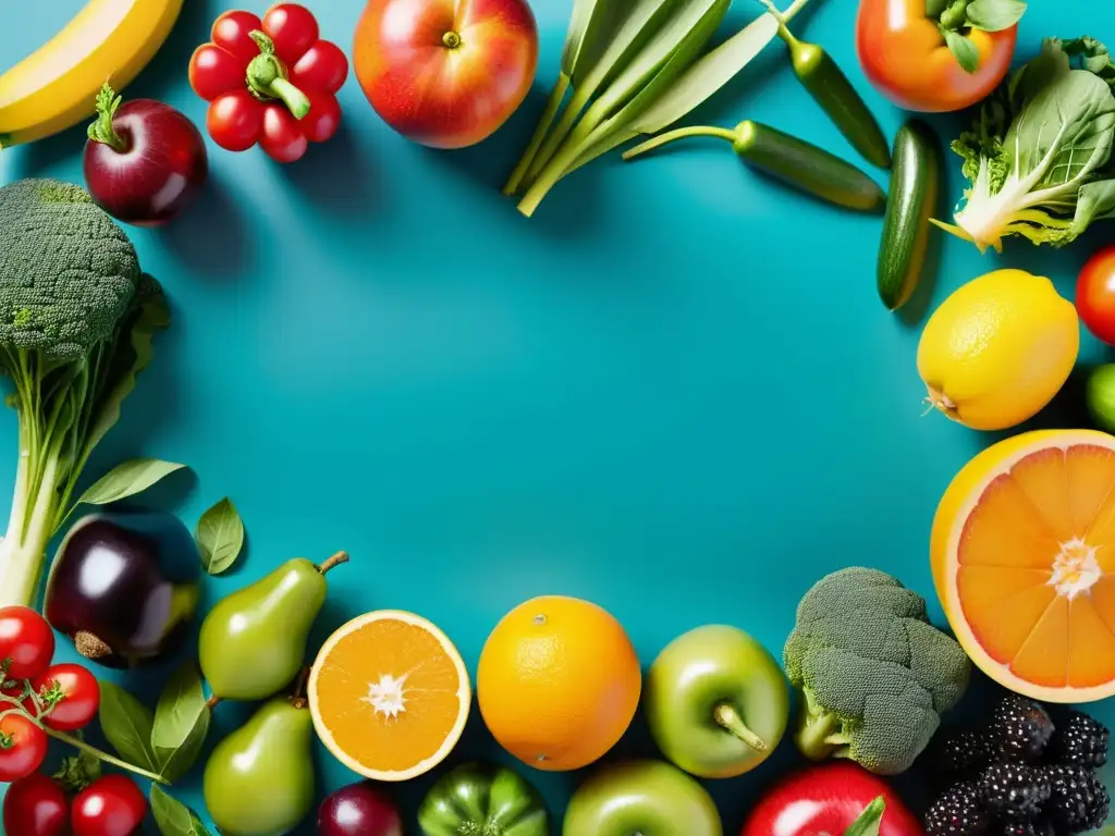 Una composición vibrante de frutas y verduras frescas