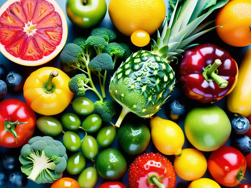 Deliciosos alimentos frescos: una explosión de colores y vitalidad Una composición vibrante de frutas y verduras frescas con beneficios para el sistema inmunitario, promoviendo la desintoxicación alimentaria