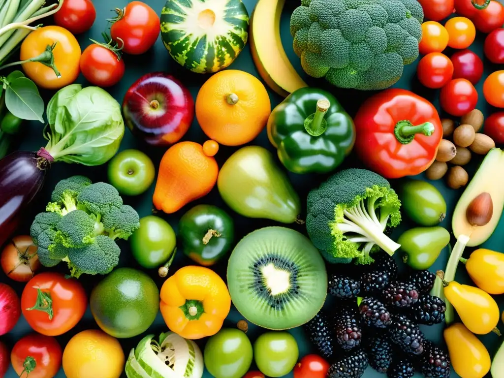 Exquisita variedad de frutas y verduras frescas Una composición vibrante de frutas y verduras frescas, muestra los beneficios de la desintoxicación alimentaria para el sistema inmunitario