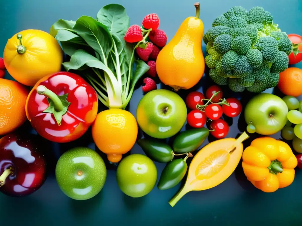 Frescura y vitalidad: Frutas y verduras vibrantes Una composición vibrante de frutas y verduras frescas con gotas de agua, transmitiendo vitalidad y beneficios para el sistema inmunitario
