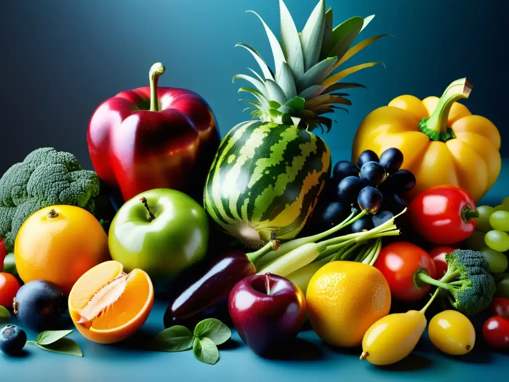 Una composición vibrante de frutas y verduras frescas, resaltando la importancia de las técnicas de coaching para el sistema inmunológico