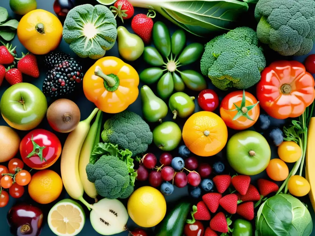 Delicioso arcoíris de frutas y verduras: inmunidad vibrante Una composición vibrante de frutas y verduras frescas, creando una explosión de color y texturas