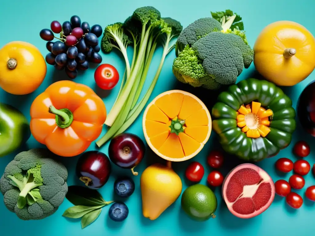 Vibrante variedad de frutas y verduras frescas Una composición vibrante de frutas y verduras frescas, promoviendo una dieta personalizada y fortalecimiento del sistema inmunológico