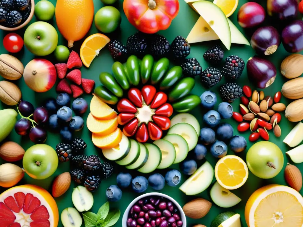 Patrón vibrante de frutas, verduras, frutos secos y semillas Una composición vibrante de frutas, verduras, frutos secos y semillas frescos y coloridos