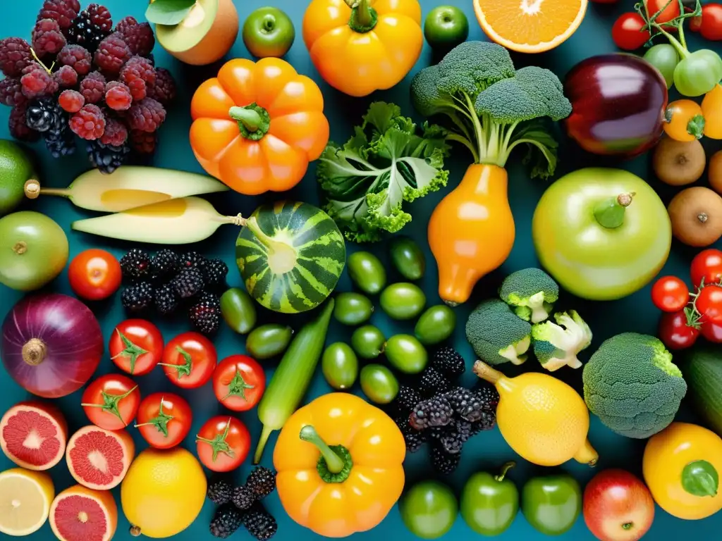 Patrón vibrante de frutas y verduras frescas Una composición vibrante de frutas y verduras frescas, promoviendo beneficios para el sistema inmunológico y hábitos saludables