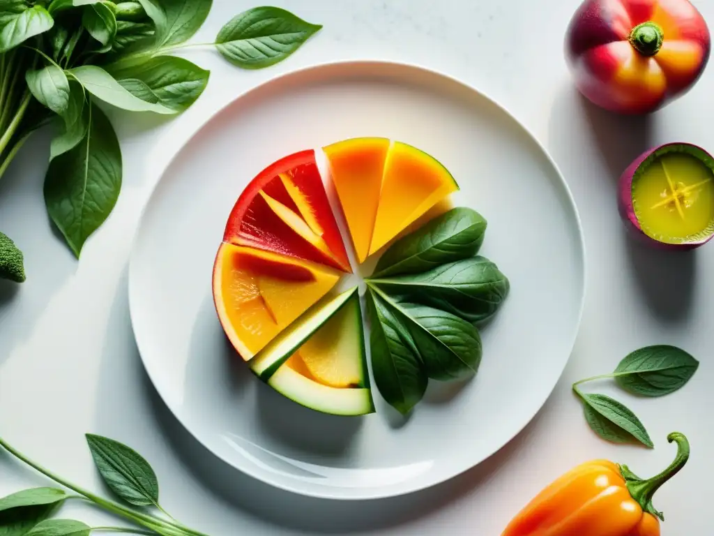 Exquisita armonía de frutas y verduras en plato blanco Una composición vibrante de frutas y verduras en un plato blanco, resaltando la belleza natural de los alimentos funcionales para fortalecer inmunidad