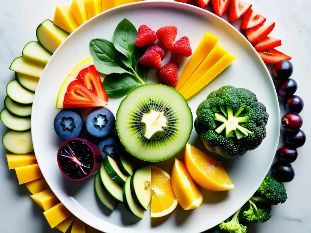 Exquisita variedad de frutas y verduras en plato blanco Una composición vibrante de frutas y verduras recién cortadas, con colores intensos que resaltan sobre un elegante plato blanco