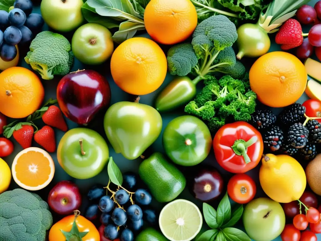 Patrón vibrante de frutas y verduras para la inmunidad Una composición vibrante de frutas y verduras coloridas, promoviendo el fortalecimiento del sistema inmunológico a través de una dieta saludable