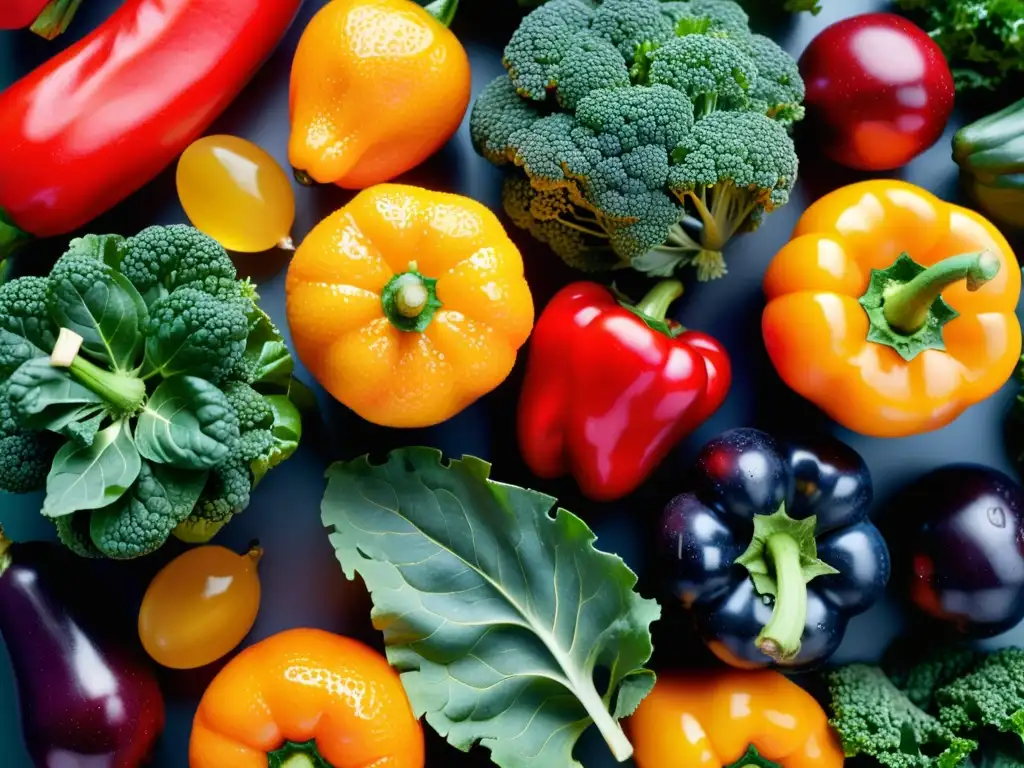 Una composición vibrante de frutas y verduras frescas, goteando con vitalidad