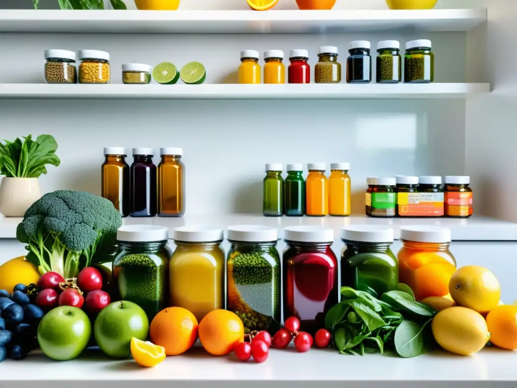 Una composición vibrante de frutas, verduras y suplementos nutricionales para reforzar inmunidad en una cocina moderna y elegante
