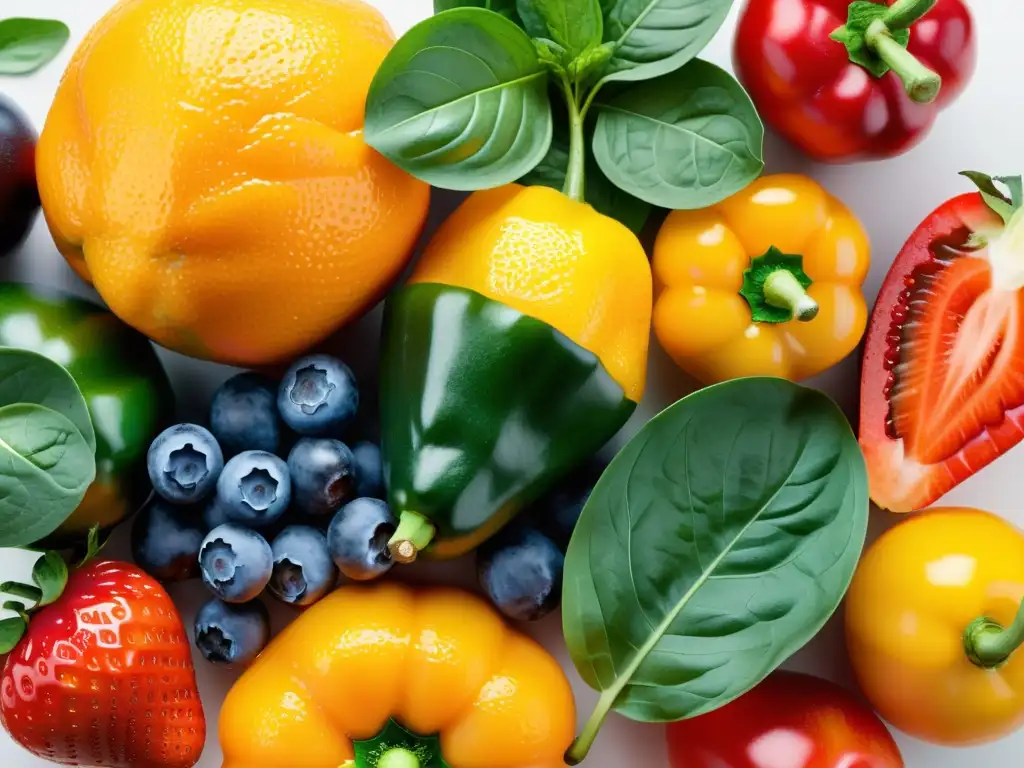 Vibrante variedad de frutas y verduras para inmunidad Una composición vibrante de frutas y verduras frescas, ideal para suplementos para fortalecer sistema inmunológico